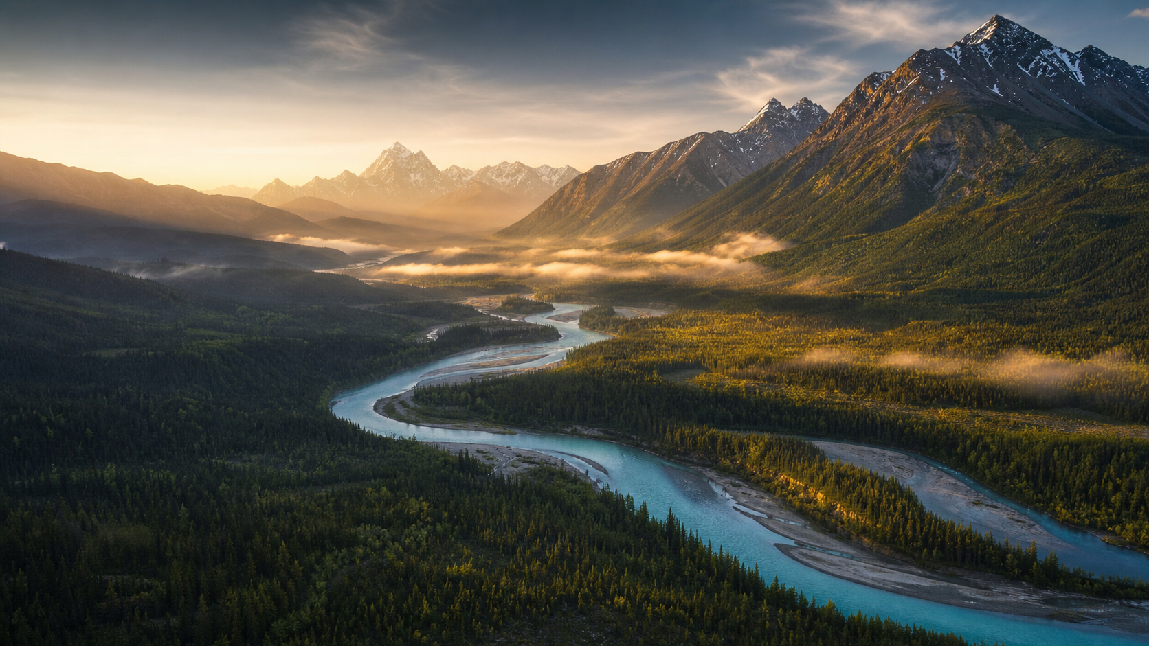 Río turquesa entre montañas al amanecer