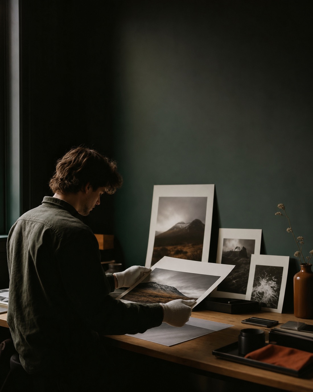 Fotógrafo revisando cuidadosamente una impresión artística