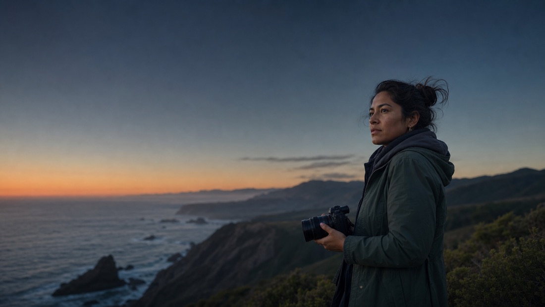 Fotógrafa profesional contemplando la costa al amanecer