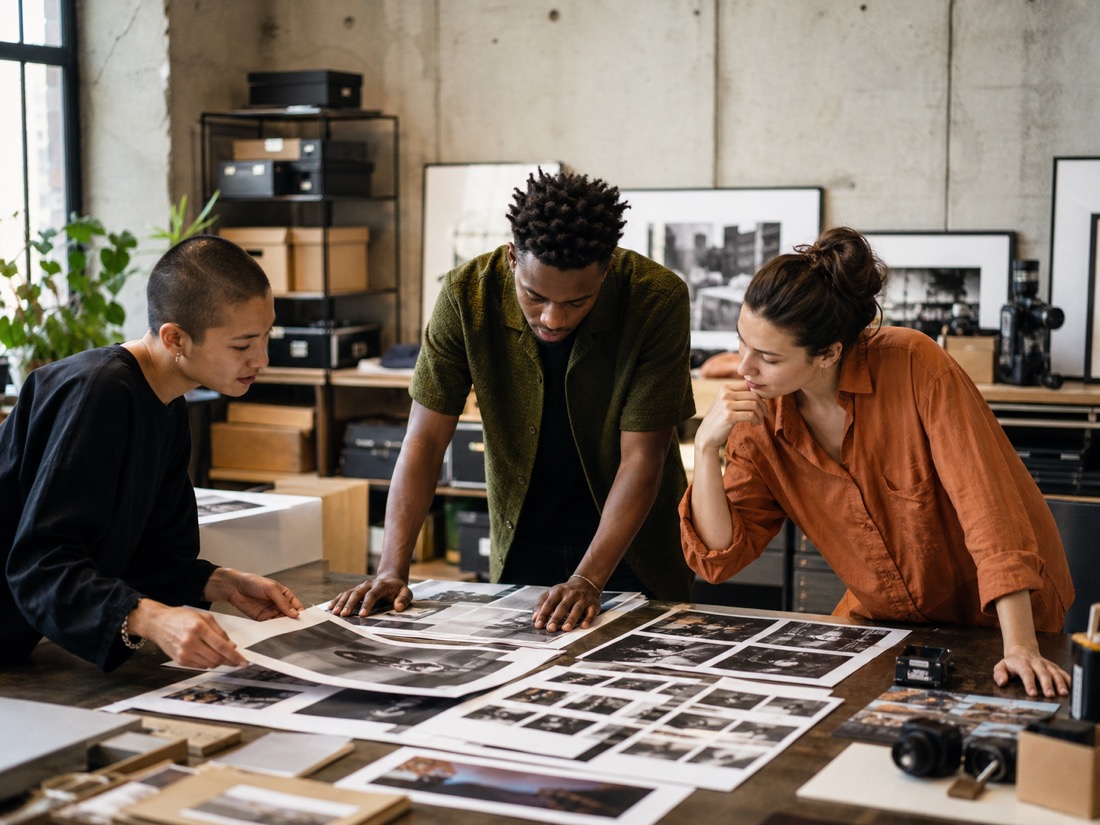 Tres fotógrafos revisando impresiones en un estudio